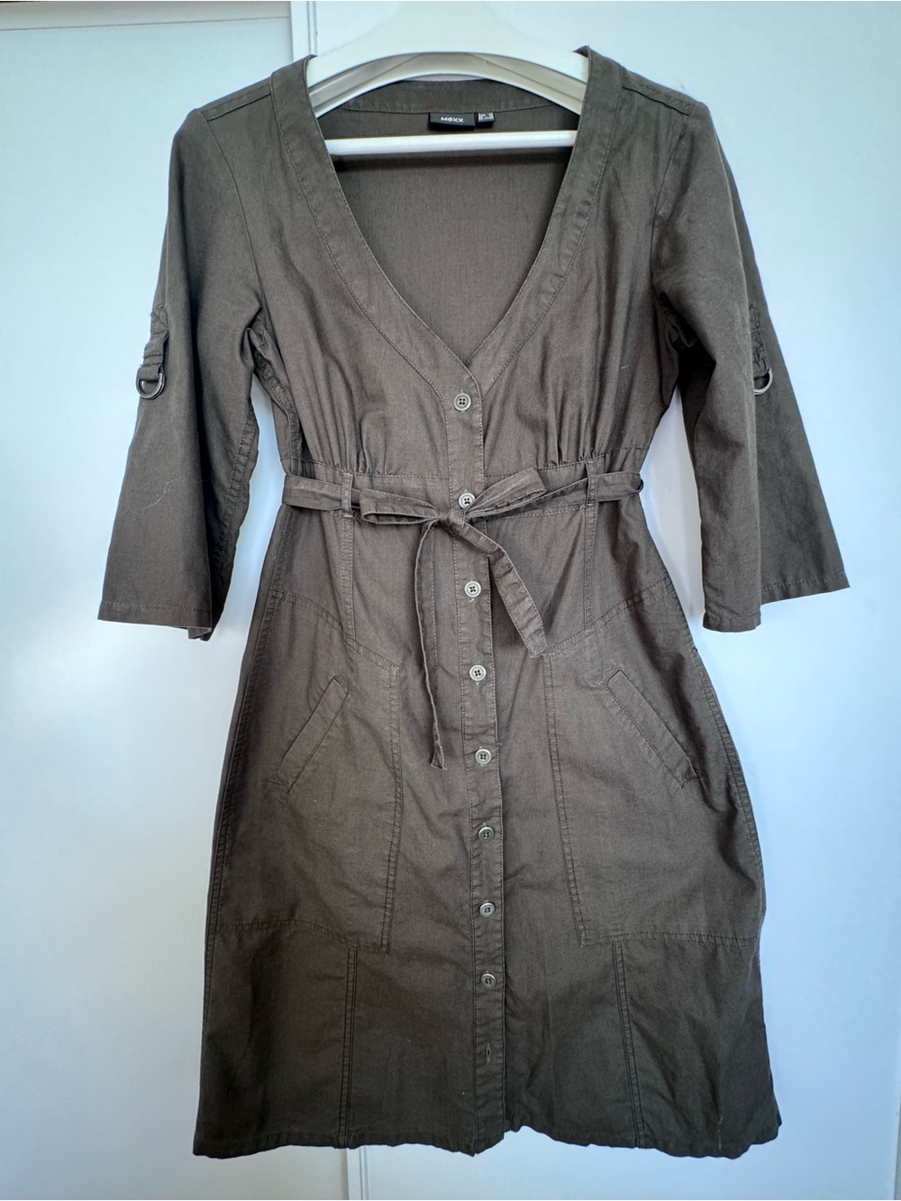 V-Neck Button-Front Midi Dress with Self-Tie Waist in Olive